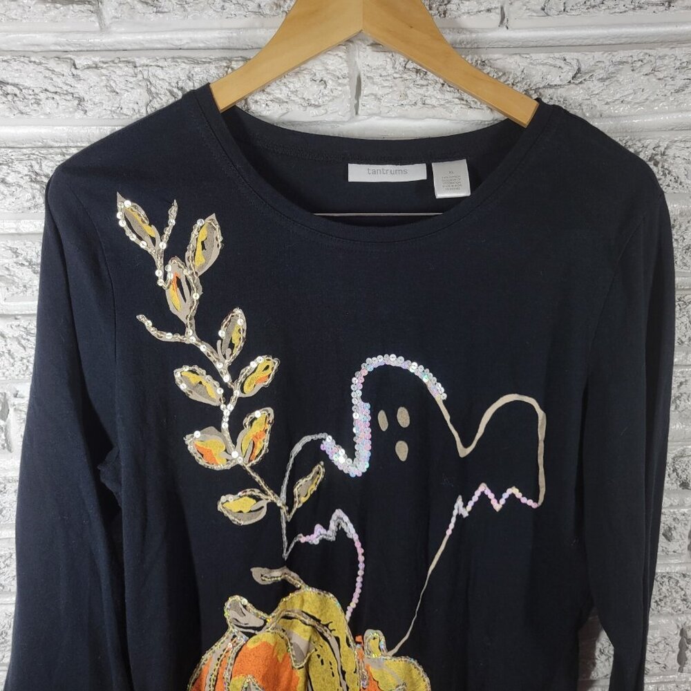 Tantrums Women's XL Halloween Top Black Sequin Jack-O-Lantern Shirt NOV77E - Picture 3 of 7